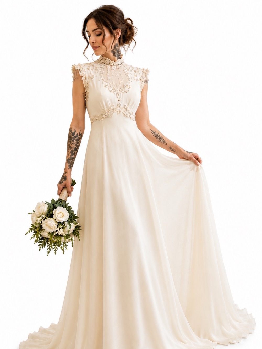 Elegant Ivory Lace High-Neck Wedding Dress